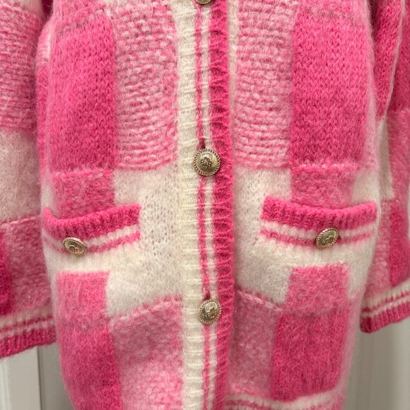 Maje My Squared Checkered Jacquard Cardigan, Size M, Hot Pink Mohair Oversized - Picture 3 of 8